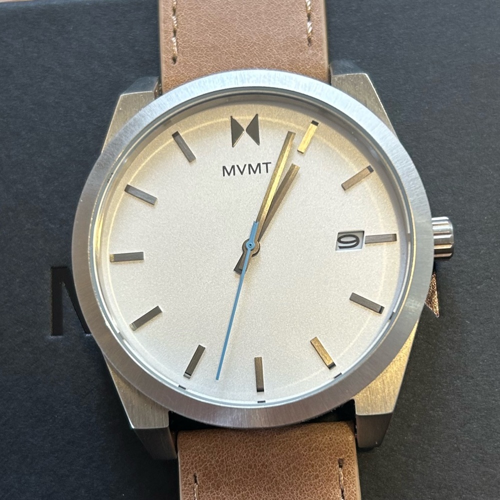MVMT Classic Watch With 45mm White Face With Tan Brown Leather Band